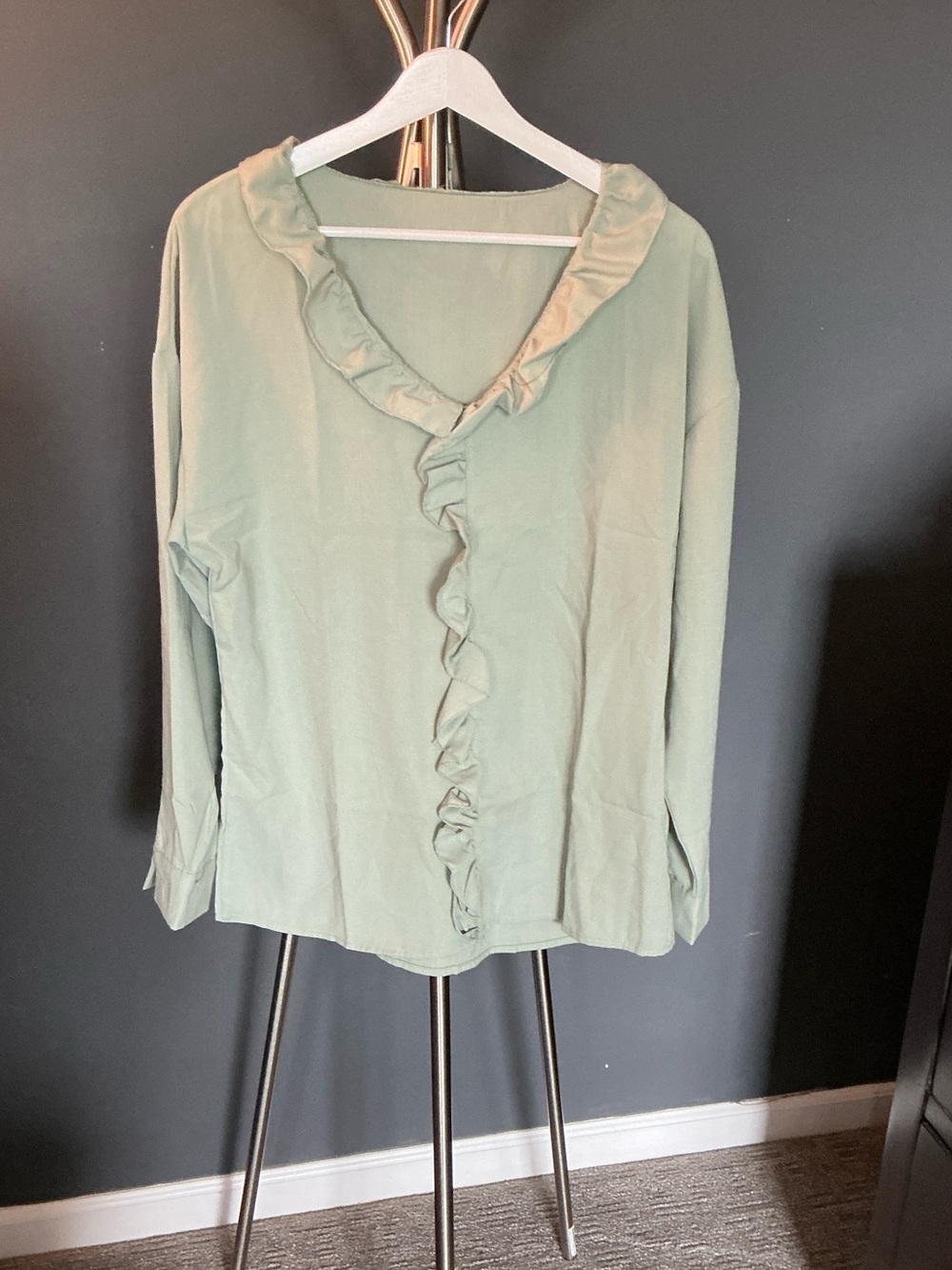 Light Sage Ruffle Front Women's Blouse